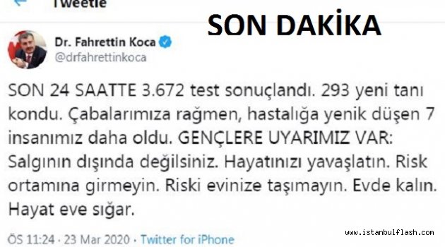 KOCA; SON 24 SAATTE 3.672 test sonuçlandı. 293 yeni tanı kondu.