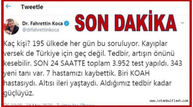 Son 24 Saat 343 Yeni Tanı, 7 Kayıp